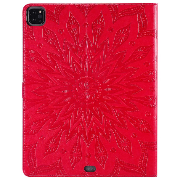 For iPad Pro 12.9 (2020) & Pro 12.9 (2018) Pressed Printing Sunflower Pattern Horizontal Flip PU Leatherette Tablet Case with Holder & Card Slots & Wallet(Red)