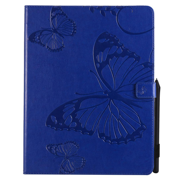 For iPad Pro 12.9 (2020) Pressed Printing Butterfly Pattern Horizontal Flip Leatherette Tablet Case with Holder & Card Slots & Wallet(Blue)