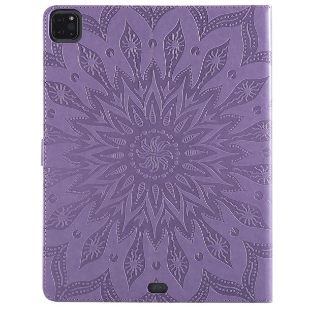 For iPad Pro 12.9 (2020) & Pro 12.9 (2018) Pressed Printing Sunflower Pattern Horizontal Flip PU Leatherette Tablet Case with Holder & Card Slots & Wallet(Purple)