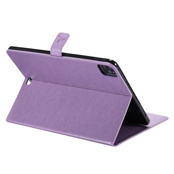 For iPad Pro 11 (2020) Pressed Printing Woman and Cat Pattern Horizontal Flip Leatherette Tablet Case with Holder & Card Slots & Wallet(Purple)
