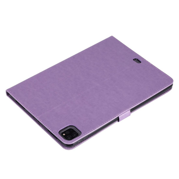 For iPad Pro 11 (2020) Pressed Printing Woman and Cat Pattern Horizontal Flip Leatherette Tablet Case with Holder & Card Slots & Wallet(Purple)