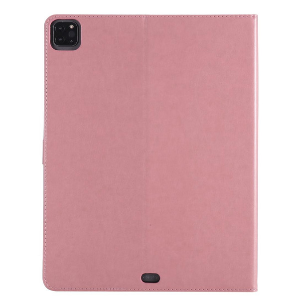 For iPad Pro 12.9 (2020) Pressed Printing Woman and Cat Pattern Horizontal Flip Leatherette Tablet Case with Holder & Card Slots & Wallet(Pink)