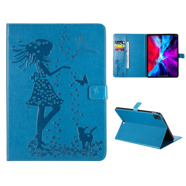 For iPad Pro 12.9 (2020) Pressed Printing Woman and Cat Pattern Horizontal Flip Leatherette Tablet Case with Holder & Card Slots & Wallet(Blue)