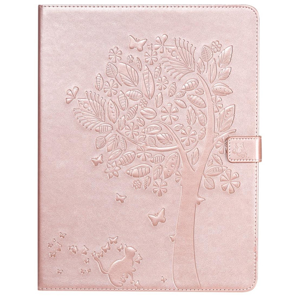For iPad Pro 12.9 (2020) Pressed Printing Cat and Tree Pattern Horizontal Flip Leatherette Tablet Case with Holder & Card Slots & Wallet(Rose Gold)