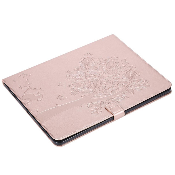 For iPad Pro 12.9 (2020) Pressed Printing Cat and Tree Pattern Horizontal Flip Leatherette Tablet Case with Holder & Card Slots & Wallet(Rose Gold)