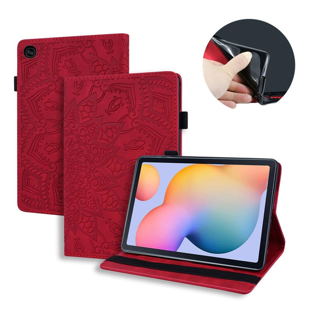 For Samsung Galaxy Tab S6 Lite  Calf Pattern Double Folding Design Embossed Leatherette Case with  Holder & Card Slots & Pen Slot &   Elastic Band(Red)