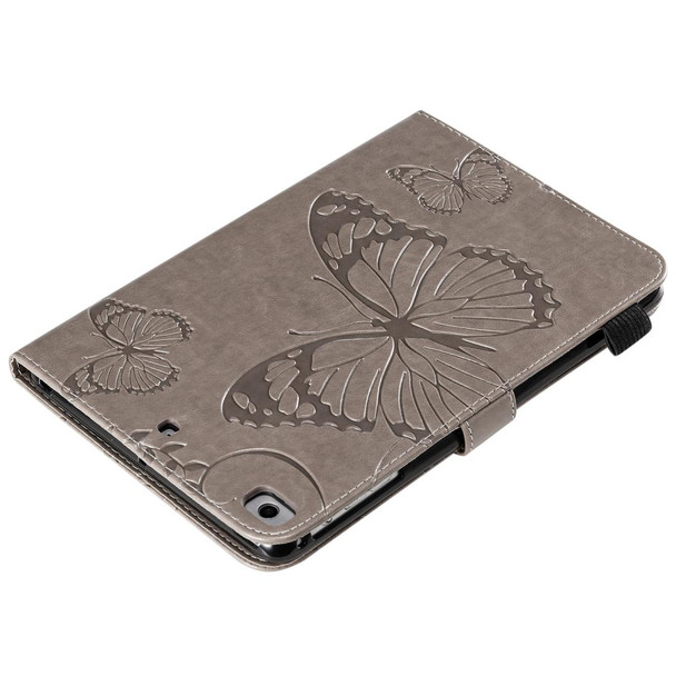 For iPad Mini 2019 & 4 & 3 & 2 & 1 Pressed Printing Butterfly Pattern Horizontal Flip PU Leatherette Case with Holder & Card Slots & Wallet & Pen Slot(Grey)