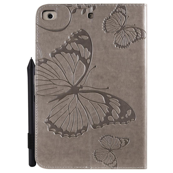 For iPad Mini 2019 & 4 & 3 & 2 & 1 Pressed Printing Butterfly Pattern Horizontal Flip PU Leatherette Case with Holder & Card Slots & Wallet & Pen Slot(Grey)