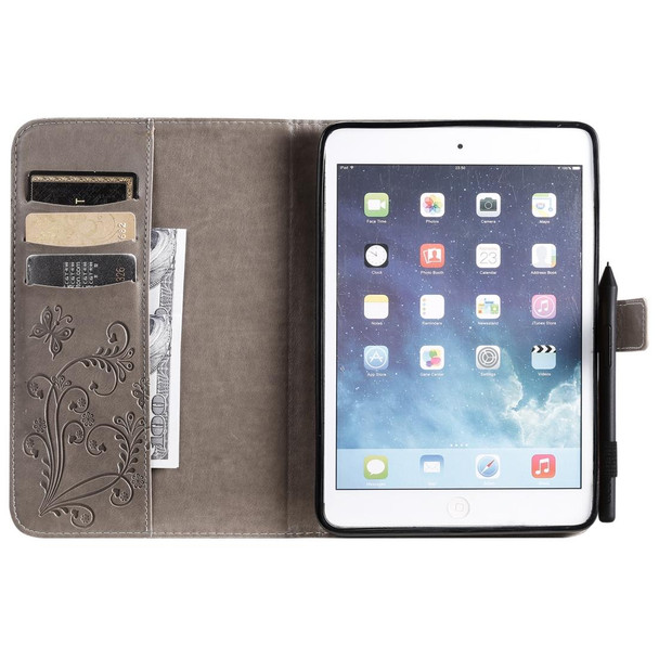 For iPad Mini 2019 & 4 & 3 & 2 & 1 Pressed Printing Butterfly Pattern Horizontal Flip PU Leatherette Case with Holder & Card Slots & Wallet & Pen Slot(Grey)