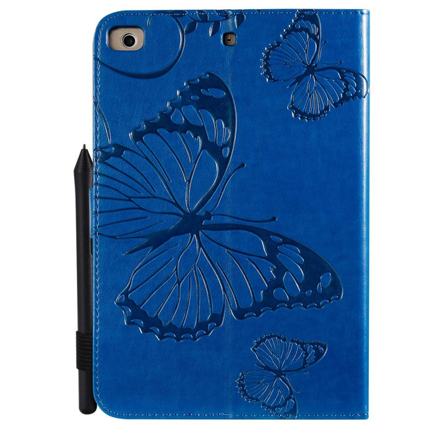 For iPad Mini 2019 & 4 & 3 & 2 & 1 Pressed Printing Butterfly Pattern Horizontal Flip PU Leatherette Case with Holder & Card Slots & Wallet & Pen Slot(Blue)