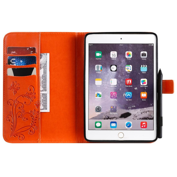 For iPad Mini 2019 & 4 & 3 & 2 & 1 Pressed Printing Butterfly Pattern Horizontal Flip PU Leatherette Case with Holder & Card Slots & Wallet & Pen Slot(Orange)