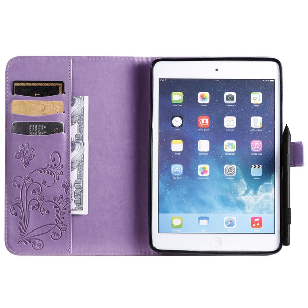 For iPad Mini 2019 & 4 & 3 & 2 & 1 Pressed Printing Butterfly Pattern Horizontal Flip PU Leatherette Case with Holder & Card Slots & Wallet & Pen Slot(Purple)