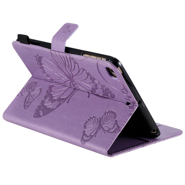 For iPad Mini 2019 & 4 & 3 & 2 & 1 Pressed Printing Butterfly Pattern Horizontal Flip PU Leatherette Case with Holder & Card Slots & Wallet & Pen Slot(Purple)