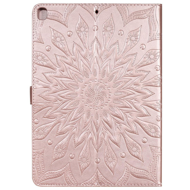 For iPad 10.2 / Pro 10.5 / Air 2019 Pressed Printing Sun Flower Pattern Horizontal Flip Leatherette Case with Holder & Card Slots & Wallet(Rose Gold)