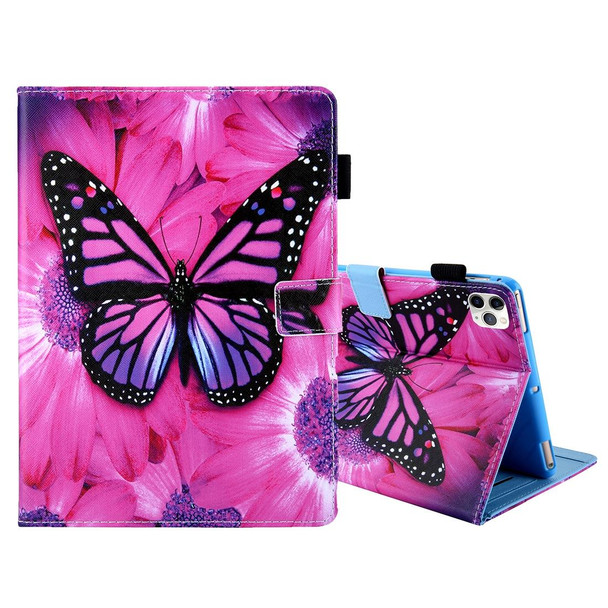 For iPad Pro 11 (2020) & (2018) Painted Pattern Tablet PC Protective Leatherette Case with Bracket & Card Slot & Photo Holder(Red Flower Pink Butterfly)