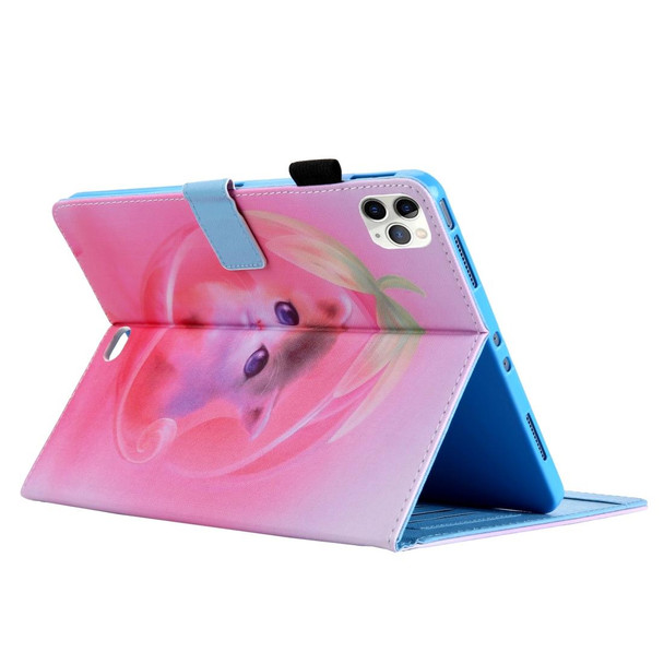 For iPad Pro 11 (2020) & (2018) Painted Pattern Tablet PC Protective Leatherette Case with Bracket & Card Slot & Photo Holder(Pink Background Cat)