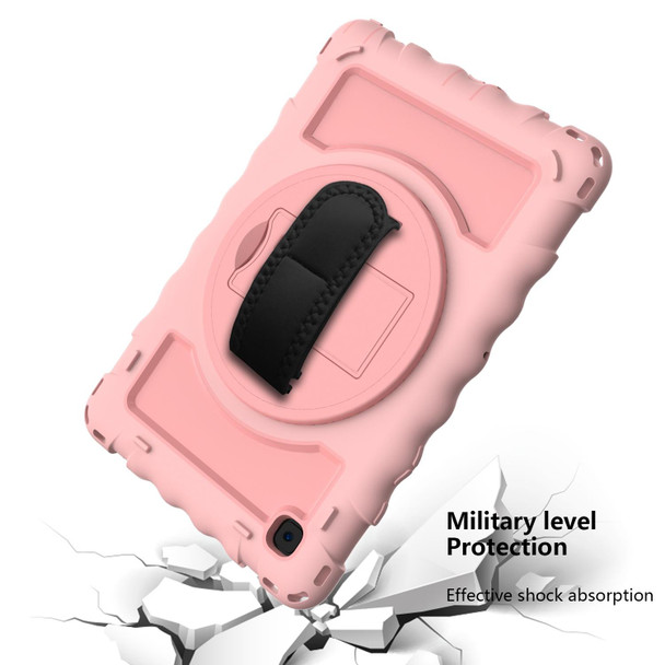 For Samsung Galaxy Tab A7 2020 (T500 / T505) 360 Degree Rotation PC + Silicone Shockproof Combination Case with Holder & Hand Grip Strap & Neck Strap(Rose Gold)