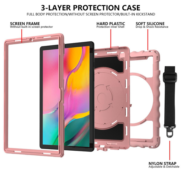 For Samsung Galaxy Tab A7 2020 (T500 / T505) 360 Degree Rotation PC + Silicone Shockproof Combination Case with Holder & Hand Grip Strap & Neck Strap(Rose Gold)