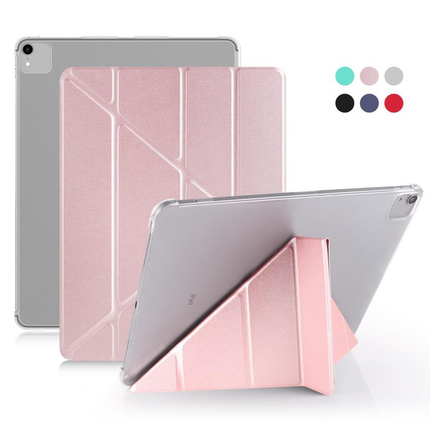 For iPad Pro 12.9 inch (2020) Multi-folding Horizontal Flip Shockproof Transparent PC + PU Leatherette Tablet Case with Sleep / Wake-up Function(Rose gold)