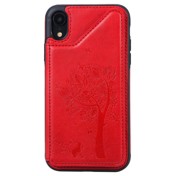 For iPhone XR Cat Tree Embossing Pattern Shockproof Protective Case with Card Slots & Photo Frame(Red)