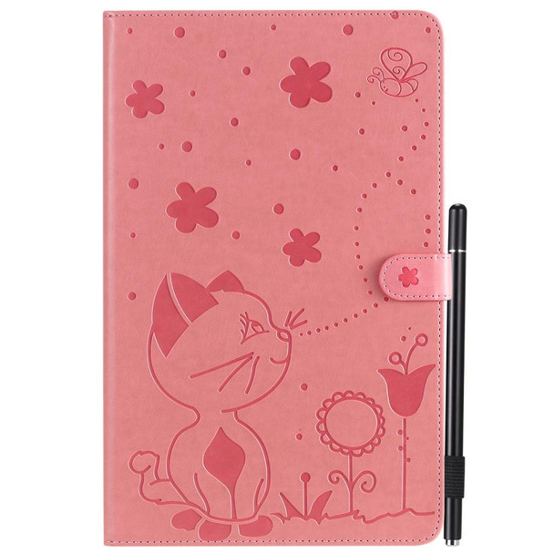 For Samsung Galaxy Tab A10.5 T590 / T595 Cat Bee Embossing Pattern Shockproof Table PC Protective Horizontal Flip Leatherette Case with Holder & Card Slots & Wallet & Pen Slot & Wake-up / Sleep Function(Pink)