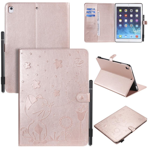 For iPad Air 2 / Air / 9.7 (2018) & (2017) Cat Bee Embossing Pattern Horizontal Flip Leatherette Case with Holder & Card Slots & Wallet & Pen Slot & Wake-up / Sleep Function(Rose Gold)