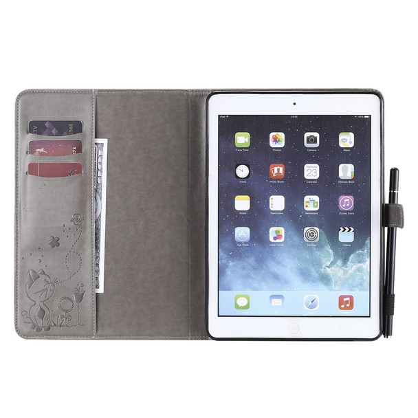 For iPad Air 2 / Air / 9.7 (2018) & (2017) Cat Bee Embossing Pattern Horizontal Flip Leatherette Case with Holder & Card Slots & Wallet & Pen Slot & Wake-up / Sleep Function(Grey)