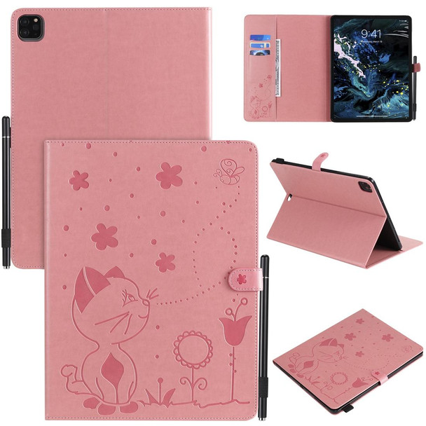 For iPad Pro 12.9 (2020) & (2018) Cat Bee Embossing Pattern Horizontal Flip Leatherette Tablet Case with Holder & Card Slots & Wallet & Pen Slot(Pink)