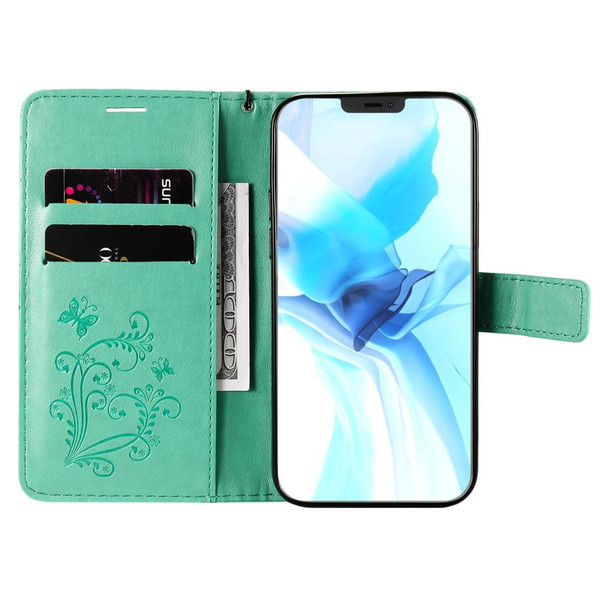 For iPhone 12 / 12 Pro 3D Butterfly Embossed Pattern Horizontal Flip Leatherette Case with Holder & Card Slot & Wallet & Lanyard(Green)