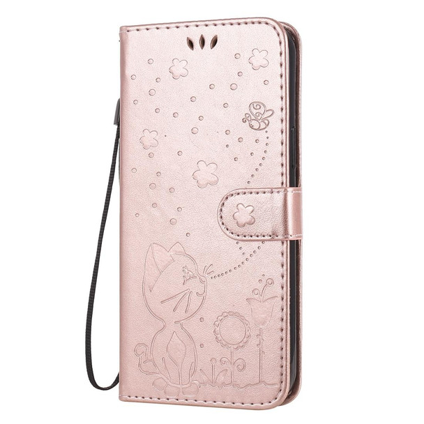 For iPhone 12 Pro Max Cat Bee Embossing Pattern Shockproof Horizontal Flip Leatherette Case with Holder & Card Slots & Wallet(Rose Gold)