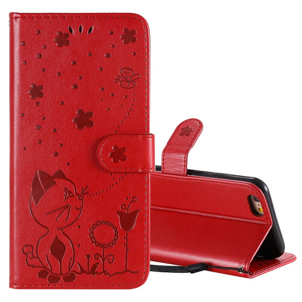 For iPhone 6 Cat Bee Embossing Pattern Shockproof Horizontal Flip Leatherette Case with Holder & Card Slots & Wallet(Red)