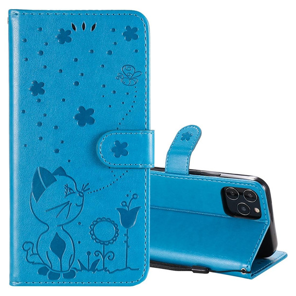 For iPhone 12 / 12 Pro Cat Bee Embossing Pattern Shockproof Horizontal Flip Leatherette Case with Holder & Card Slots & Wallet(Blue)