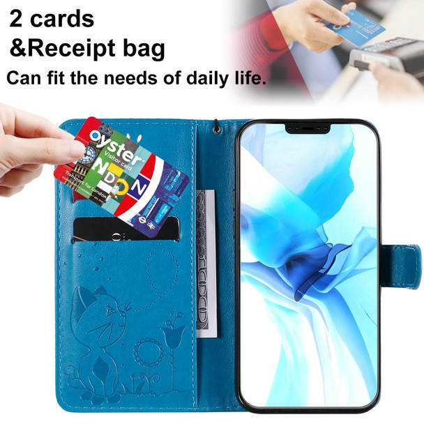 For iPhone 12 / 12 Pro Cat Bee Embossing Pattern Shockproof Horizontal Flip Leatherette Case with Holder & Card Slots & Wallet(Blue)