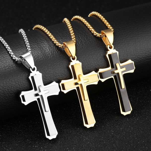 1213 Three Layer Cross Necklace Titanium Steel Men Necklace, Color: Gold Pendant+3x55cm Pearl Chain