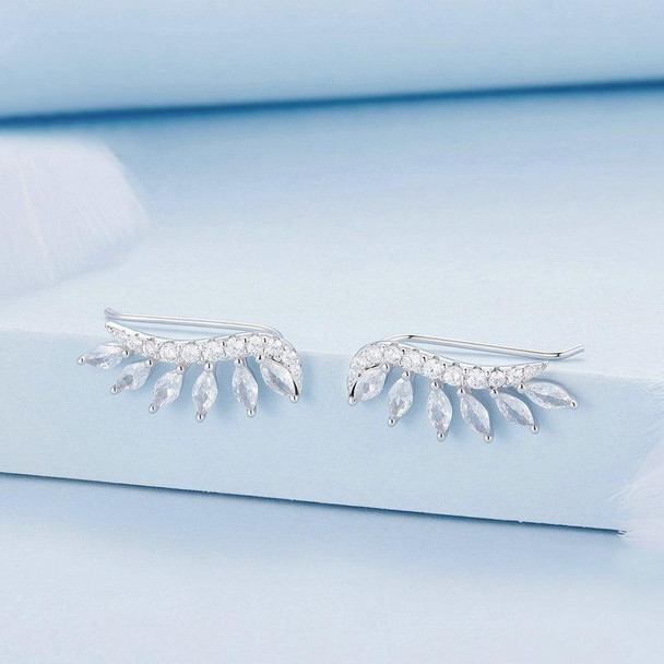 BSE780 Sterling Silver S925 Sparkling Platinum Zircon Wing Feather Long Stud Earrings