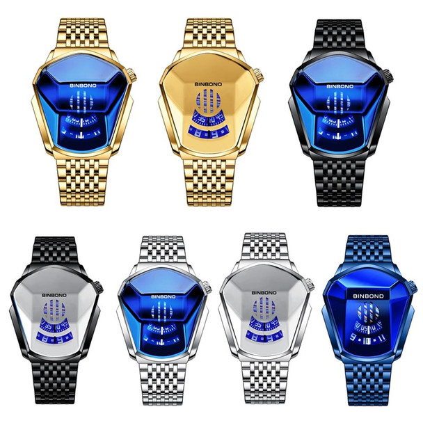 BINBOND Locomotive Concept Steel Belt Watch Men Live Black Technology Watch(Full Gold-Blue Face)