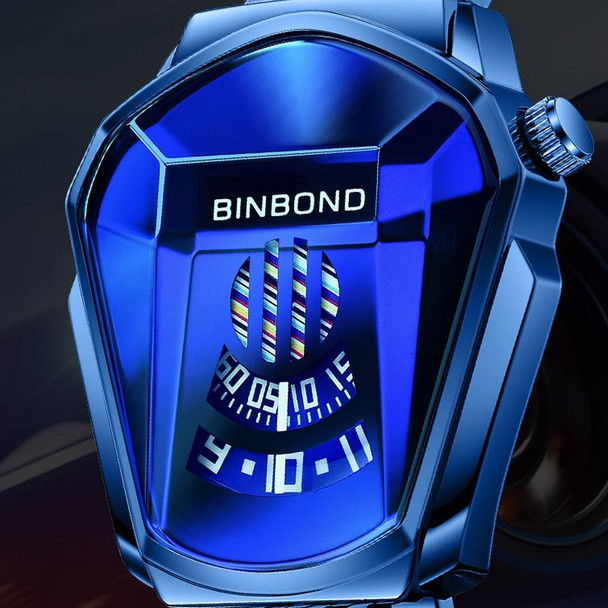 BINBOND Locomotive Concept Steel Belt Watch Men Live Black Technology Watch(White Steel Blue Face)