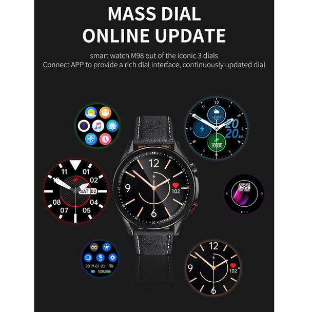 M98 1.28 inch IPS Color Screen IP67 Waterproof Smart Watch, Support Sleep Monitor / Heart Rate Monitor / Bluetooth Call, Style:Leather Strap(Black)