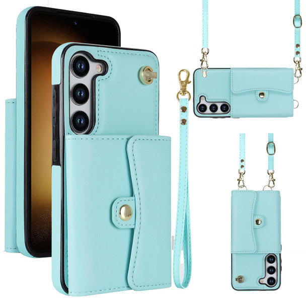 For Samsung Galaxy S23 5G RFID Card Slot Leatherette Phone Case with Long Lanyard(Mint Green)