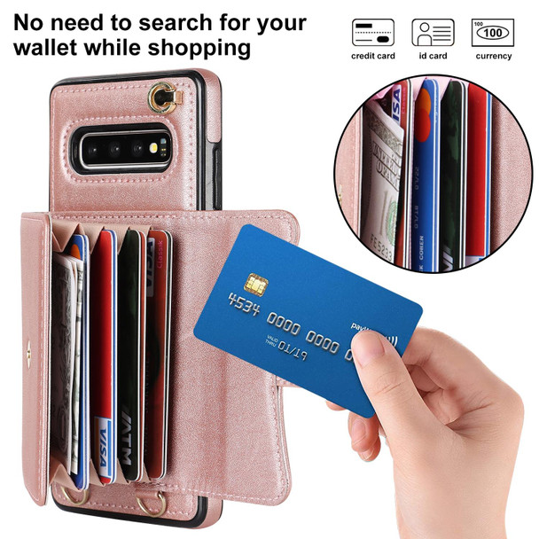 For Samsung Galaxy S10 RFID Card Slot Leatherette Phone Case with Long Lanyard(Rose Gold)