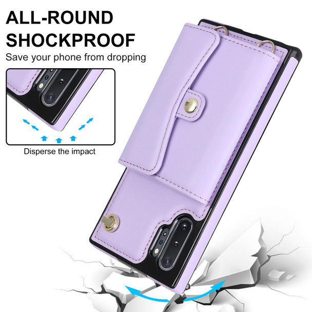 For Samsung Galaxy Note10+ RFID Card Slot Leatherette Phone Case with Long Lanyard(Purple)