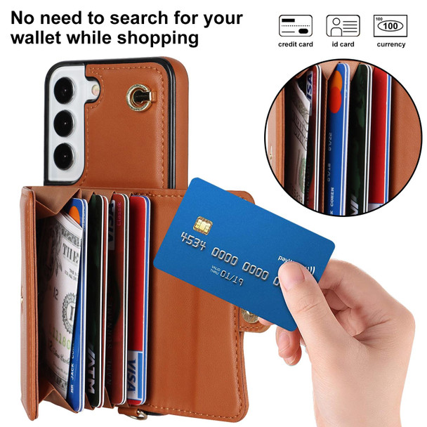 For Samsung Galaxy S22+ 5G RFID Card Slot Leatherette Phone Case with Long Lanyard(Brown)
