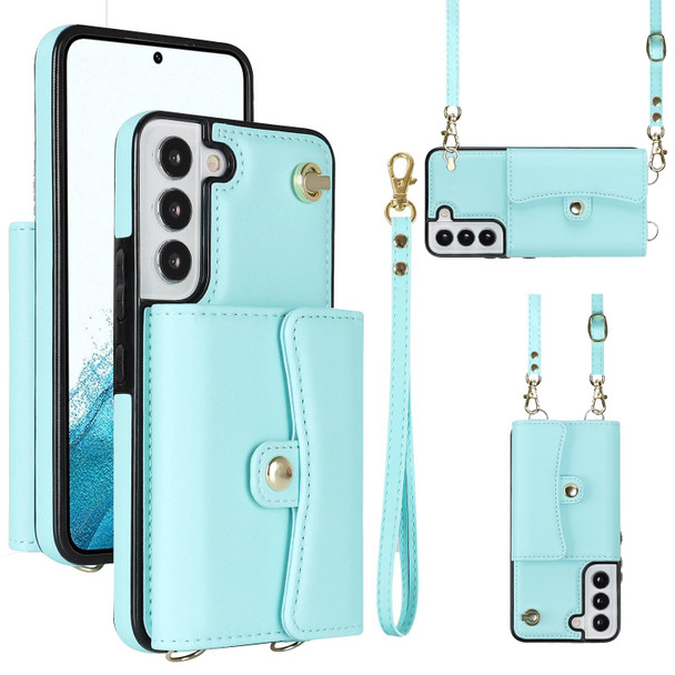 For Samsung Galaxy S22+ 5G RFID Card Slot Leatherette Phone Case with Long Lanyard(Mint Green)