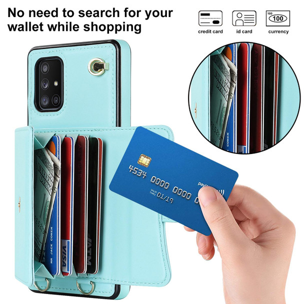 For Samsung Galaxy A71 5G RFID Card Slot Leatherette Phone Case with Long Lanyard(Mint Green)