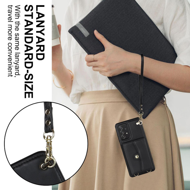 For Samsung Galaxy A52 5G RFID Card Slot Leatherette Phone Case with Long Lanyard(Black)