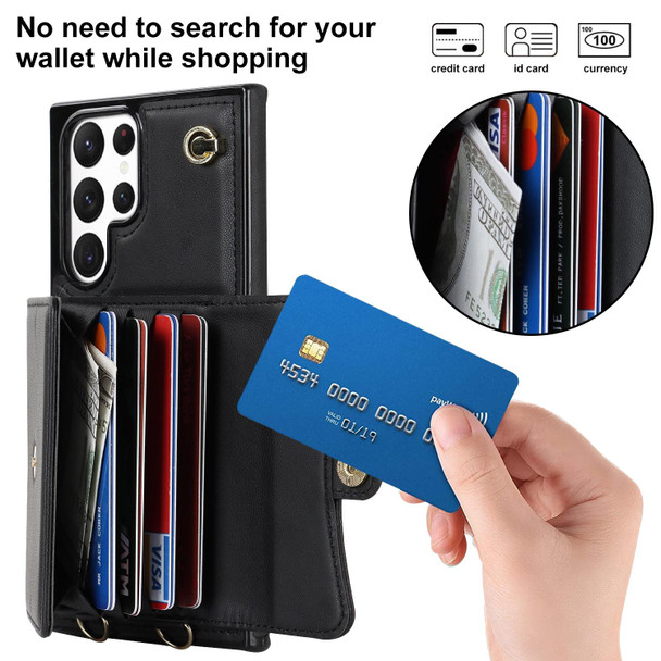 For Samsung Galaxy S22 Ultra 5G RFID Card Slot Leatherette Phone Case with Long Lanyard(Black)