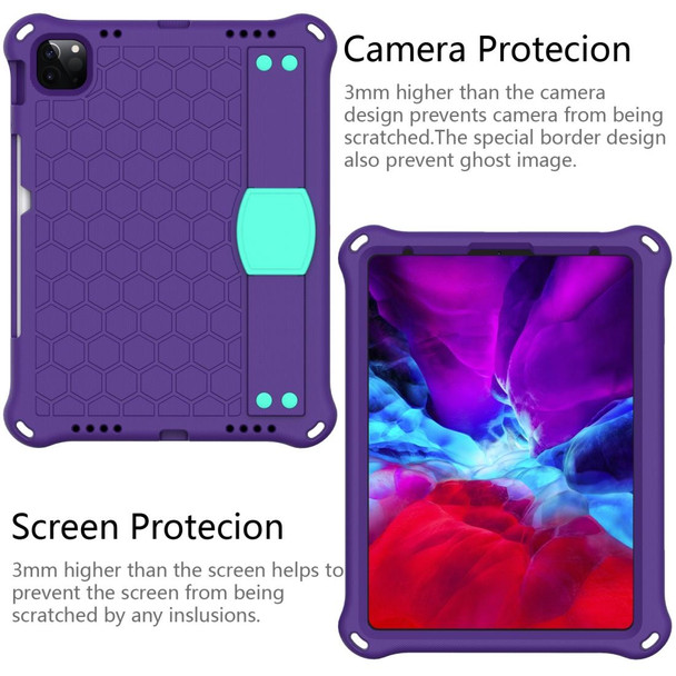 For iPad Pro 11 2020 Honeycomb Design EVA + PC Four Corner Anti Falling Flat Protective Shell With Straps(Purple+Aqua)