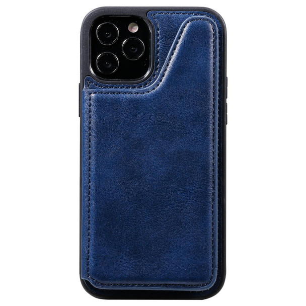 Shockproof Calf Texture Protective Case with Holder & Card Slots & Frame - iPhone 12 / 12 Pro(Blue)