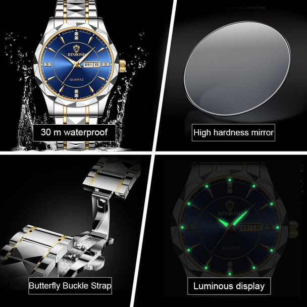 BINBOND B5552 Luminous Multifunctional Business Calendar Quartz Watch(Full-gold-Black)