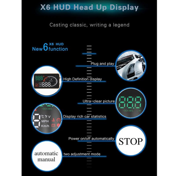 X6 3.5 inch Car OBDII / EUOBD HUD Vehicle-mounted Head Up Display Security System, Support Speed & Water Temperature & Speed Alarm & Fuel Consumption & Battery Voltage, etc.